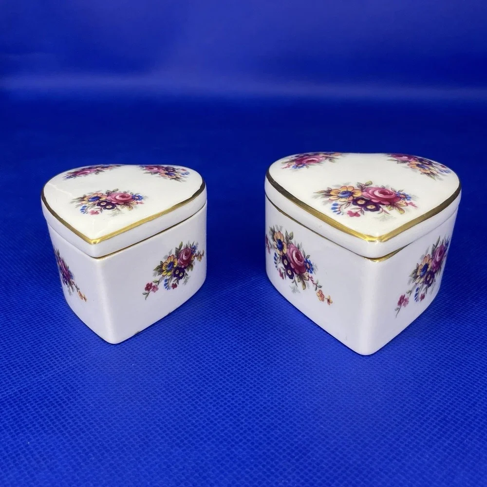 Set of 2 Heart Shaped Floral Kirk & Matz Bone China Trinket/Jewelry/Pill Boxes
